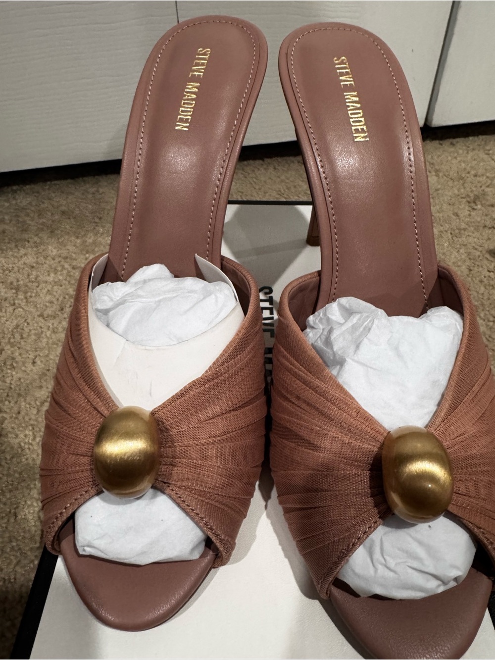 Steve Madden Priya-G Mocha Ruched Gold Accent Heeled Mules Size 11 New